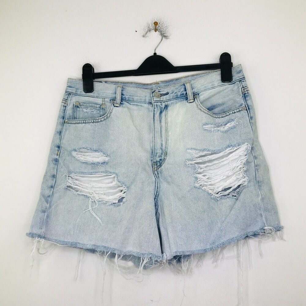 American Eagle Women's 12 Denim Shorts Blue Light Wash Mom Short Distressed BW6